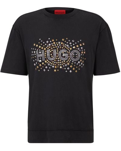 HUGO T-shirt Van Katoenen Jersey Met Artwork Van Opgedrukte Studs - Zwart
