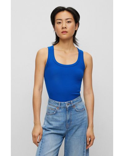 BOSS Scoop-neck Top With Logo Embroidery - Blue