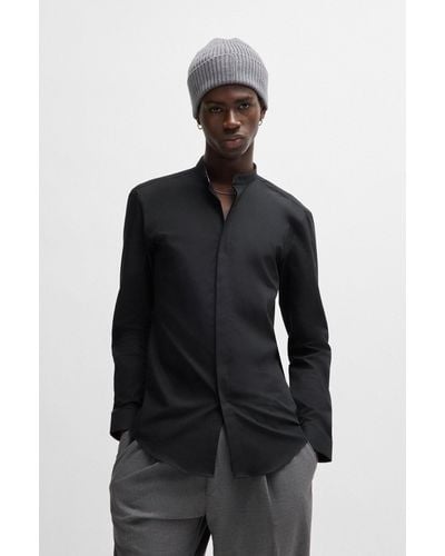 HUGO Slim-fit Shirt In Cotton With Patterned Inner Placket - Black