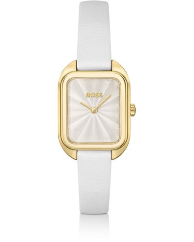 BOSS Reloj rectangular en tono dorado con correa de piel blanca - Blanco