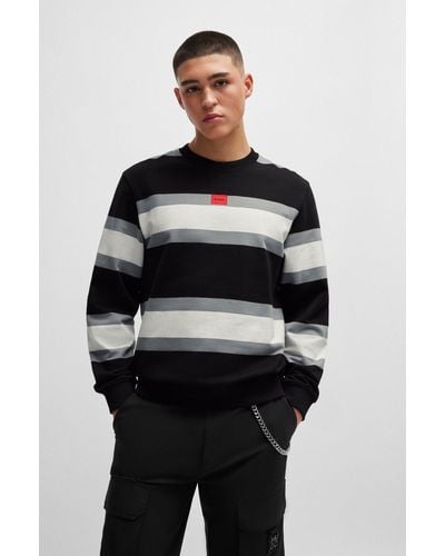 HUGO Cotton Sweatshirt With Block Stripes And Red Logo Label - Black