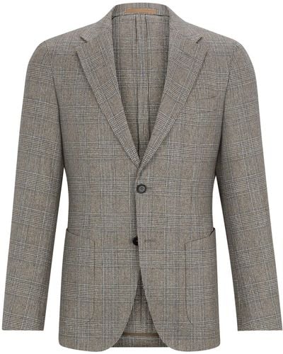BOSS Slim-fit Jacket In Checked Silk And Virgin Wool - Grey
