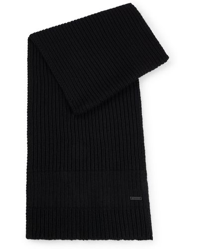 BOSS Knitted Scarf With Faux-leather Logo Plaque - Black