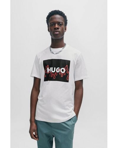 HUGO Cotton-jersey Regular-fit T-shirt With Flame Logo - White