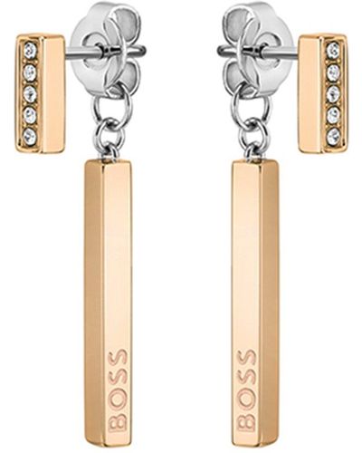BOSS Gold-tone Bar Earrings With Crystals And Logos - Metallic