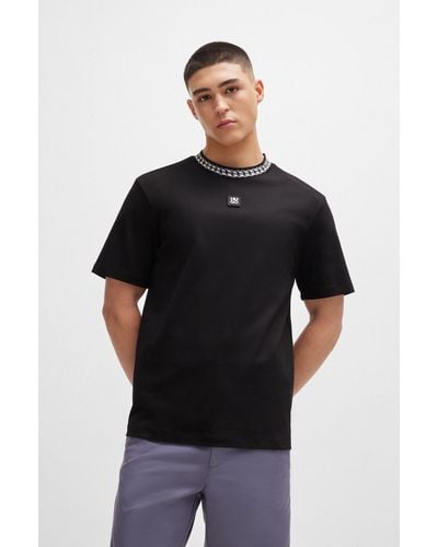HUGO Interlock-cotton T-shirt With Chain-print Collar - Black