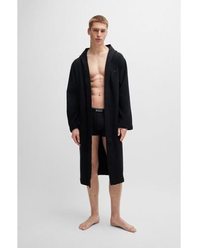 BOSS Cotton-terry Hooded Dressing Gown With Signature-stripe Belt - Black