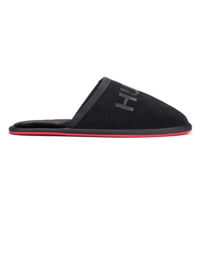 HUGO Suede Slippers With Faux-fur Lining And Tonal Logo - Black