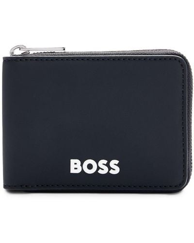 BOSS Faux-leather Ziparound Wallet With Contrast Logo - Blue