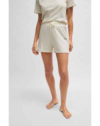 BOSS Drawstring Pyjama Shorts In Stretch Cotton With Logo Print - Natural