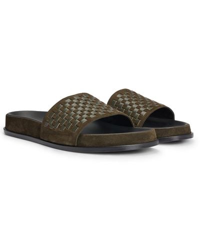 BOSS by HUGO BOSS Mixed-leather Slides With Woven Upper Strap - Multicolour