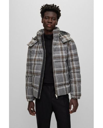 BOSS Down Jacket With Checked Pattern - Gray