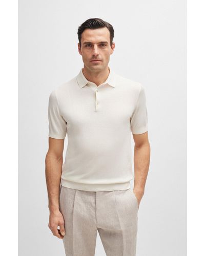 BOSS Polo-collar Regular-fit Jumper In Silk And Cotton - White