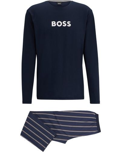 BOSS Regular-fit Pyjama Met Contrastlogo's - Blauw