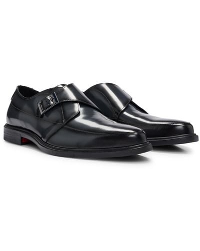 HUGO Leather Monk Shoes With Stacked-logo Trim - Black
