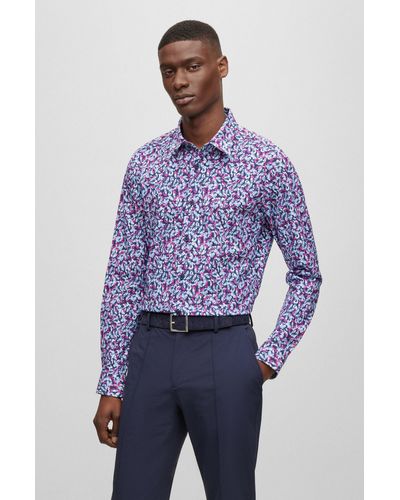 BOSS Slim-fit Shirt In Printed Performance-stretch Fabric - Blue