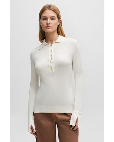 BOSS Silk Jumper With Polo Collar In Slim Fit - White