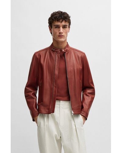 BOSS Regular-fit Zip-up Jacket In Grained Leather - Red