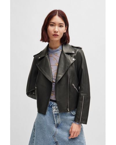 HUGO Regular-fit Biker Jacket In Leather With Asymmetrical Zip - Black
