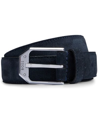 BOSS Italian-made Suede Belt With Angular Branded Buckle - Blue