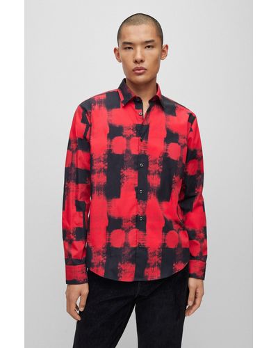 HUGO Slim-fit Shirt In Abstract-print Cotton Canvas - Red