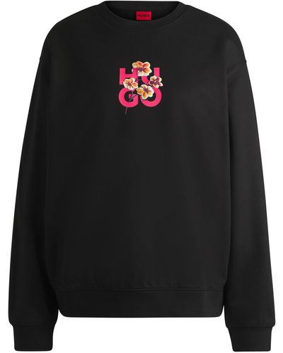 HUGO Cotton-terry Sweatshirt With Floral Stacked-logo Graphic - Black