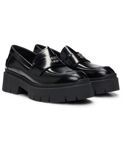 HUGO Stacked-logo Loafers In Leather With Chunky Sole - Black