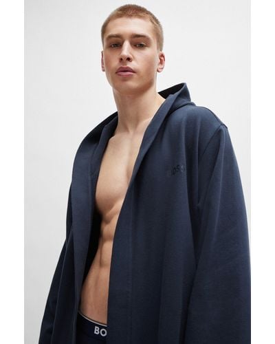 BOSS Cotton-terry Hooded Dressing Gown With Signature-stripe Belt - Blue