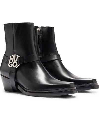 HUGO Ankle Boots In Leather With Metallic Stacked-logo Trim - Black