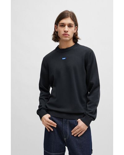 HUGO Knitted-cotton Jumper With Blue Logo Label
