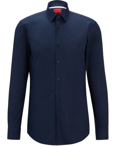 HUGO Slim-fit Overhemd Van Gemakkelijk Te Strijken Katoenen Popeline - Blauw