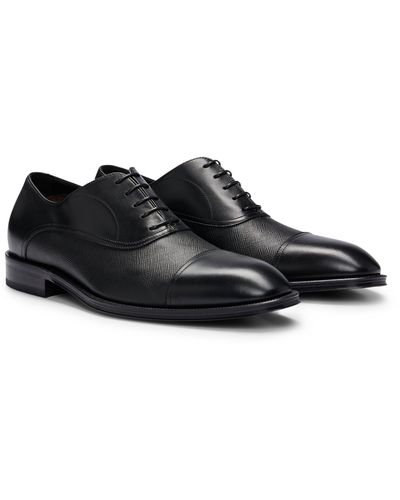BOSS Oxford Shoes In Plain And Saffiano-print Leather - Black