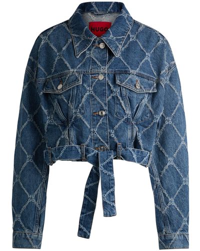 HUGO Cropped Denim Jacket With Stacked-logo Pattern - Blue