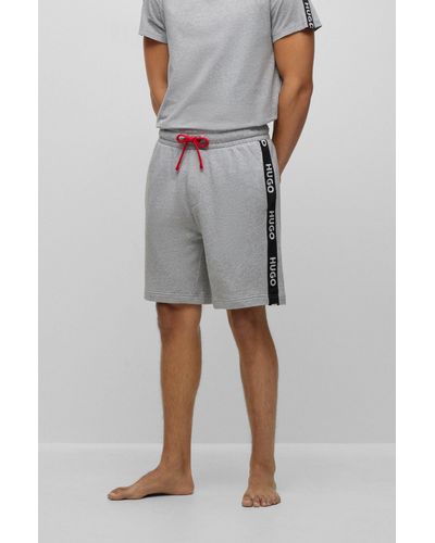 HUGO Cotton-terry Shorts With Embroidered Logos And Drawstring Waist - Gray