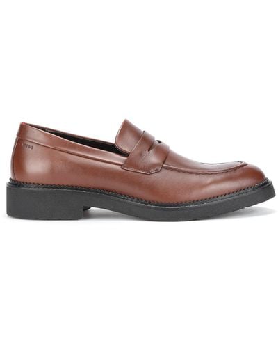 HUGO Leather Loafers With Feature Uppers And Penny Trim - Brown