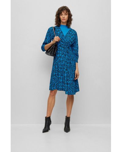 BOSS Wrap-front V-neck Dress With Seasonal Print - Blue