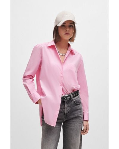 HUGO Oversized-fit Blouse In Cotton Canvas With Point Collar - Pink