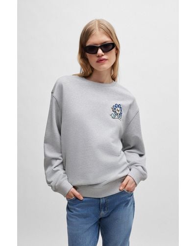 HUGO Cotton-terry Sweatshirt With Seasonal Graphic Prints - Grey