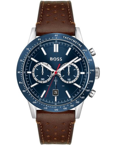 BOSS Montre chronographe à cadran bleu et bracelet en cuir perforé
