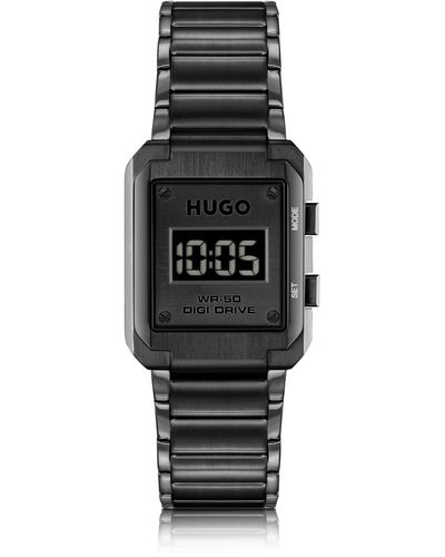 HUGO Montre digitale à cadran noir et bracelet à maillons