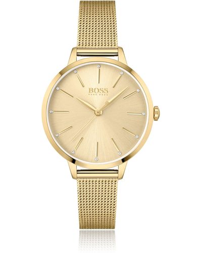 BOSS Gold-toned Mesh Bracelet Watch With Crystal Accents - Metallic