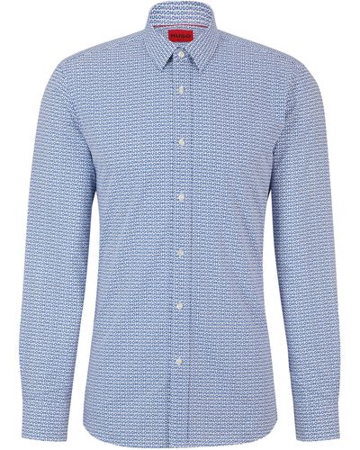 HUGO Extra Slim-fit Overhemd Van Katoenen Popeline Met Print - Blauw