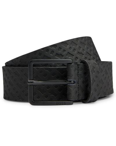 BOSS Rubberised-leather Belt With Monogram Print And Tonal Buckle - Black