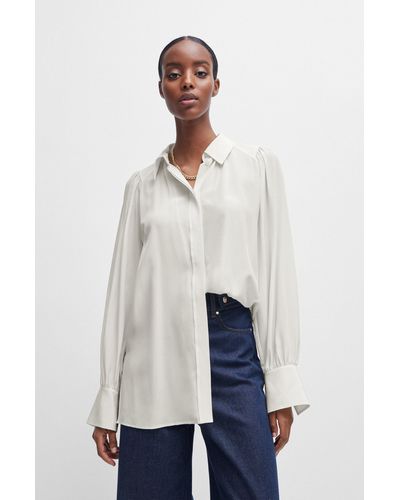 BOSS Relaxed-fit Blouse In Washed Silk - White