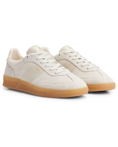 BOSS Suede Trainers With Emed Gold-tone Logo - White