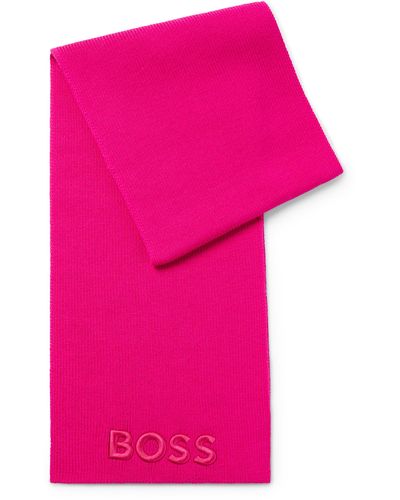 BOSS Ribbed Scarf In Virgin Wool With Tonal Embroidered Logo - Pink