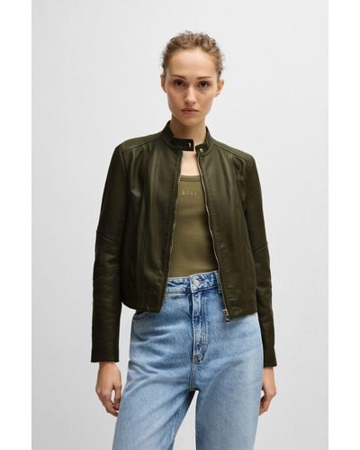 BOSS Regular-fit Jacket In Grained Leather - Green