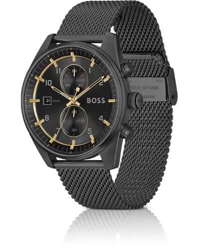 BOSS Montre chronographe avec cadran ton sur ton et bracelet noir en maille milanaise