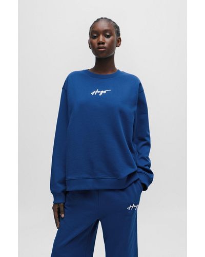 HUGO Relaxed-fit Sweatshirt With Metallic-effect Handwritten Logo - Blue