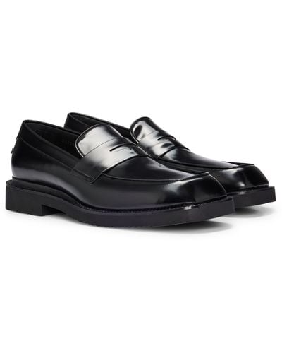 BOSS Penny-trim Loafers In Brush-off Leather - Black